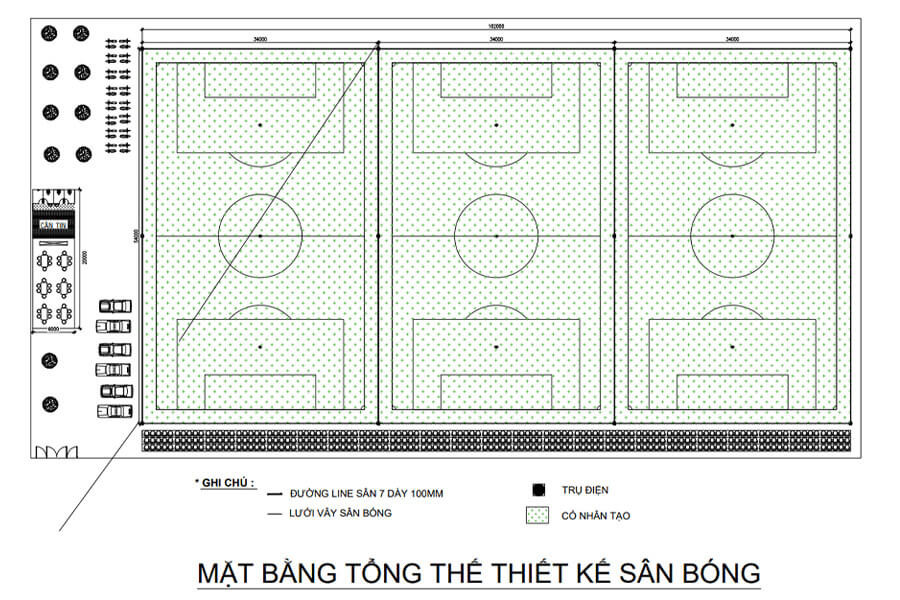 Bản vẽ mặt bằng sân bóng đá 7 người tổng thể