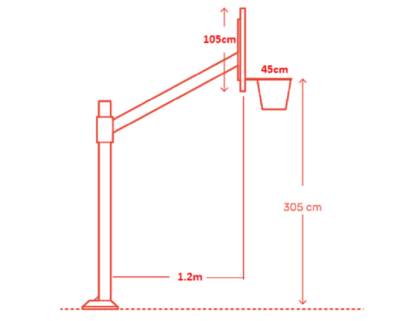 Bản vẽ trụ bóng rổ chi tiết với các kích thước tiêu chuẩn và thiết kế gấp khúc