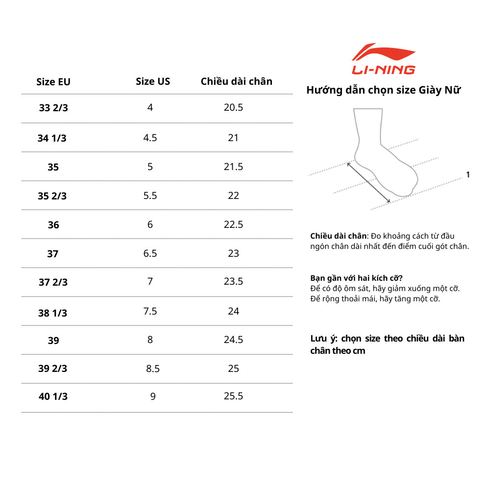 Bảng chọn size giày dép nữ