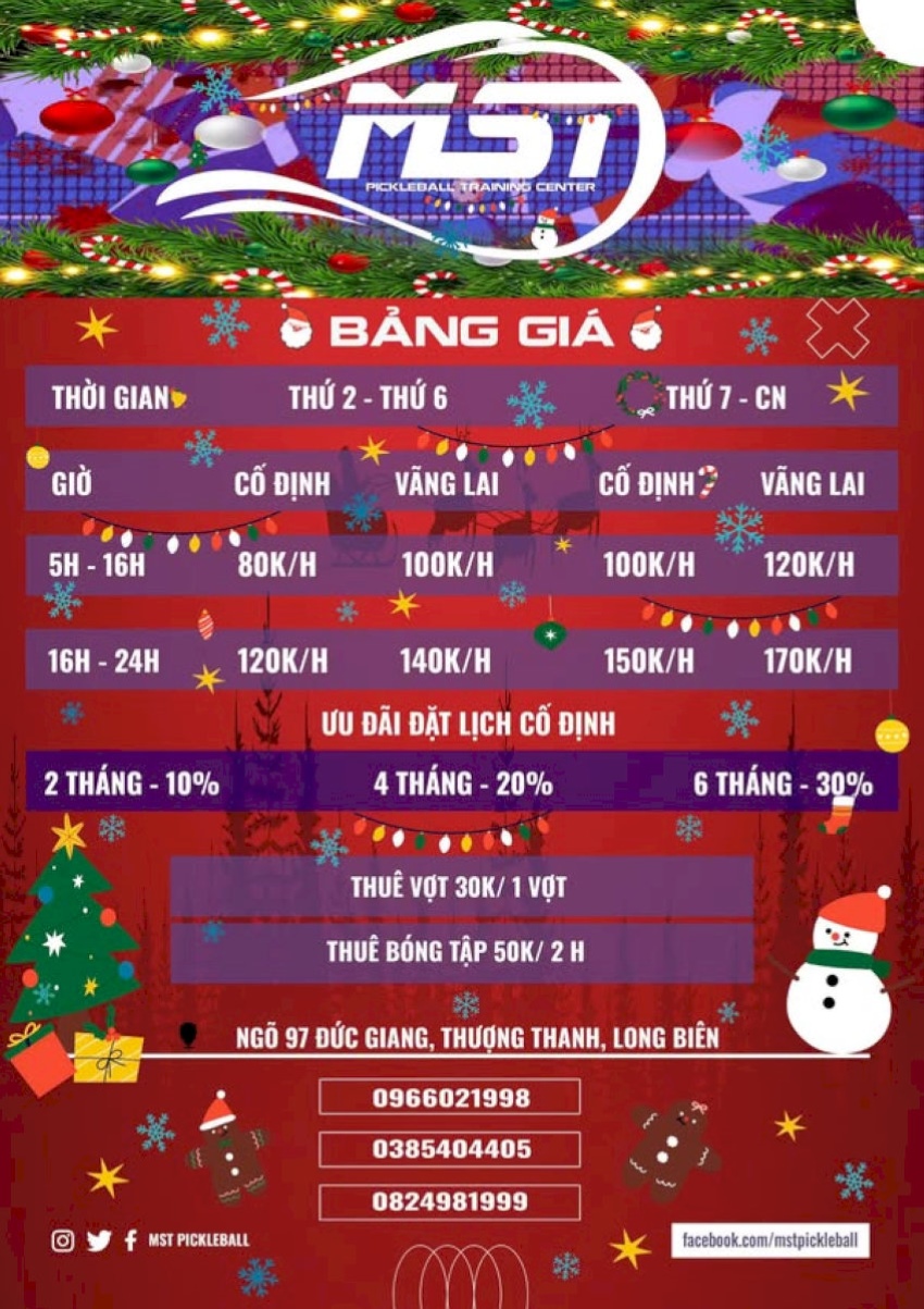 Bảng giá thuê sân chi tiết tại MST Pickleball Training Center, bao gồm các khung giờ và mức phí linh hoạt cho khách hàng