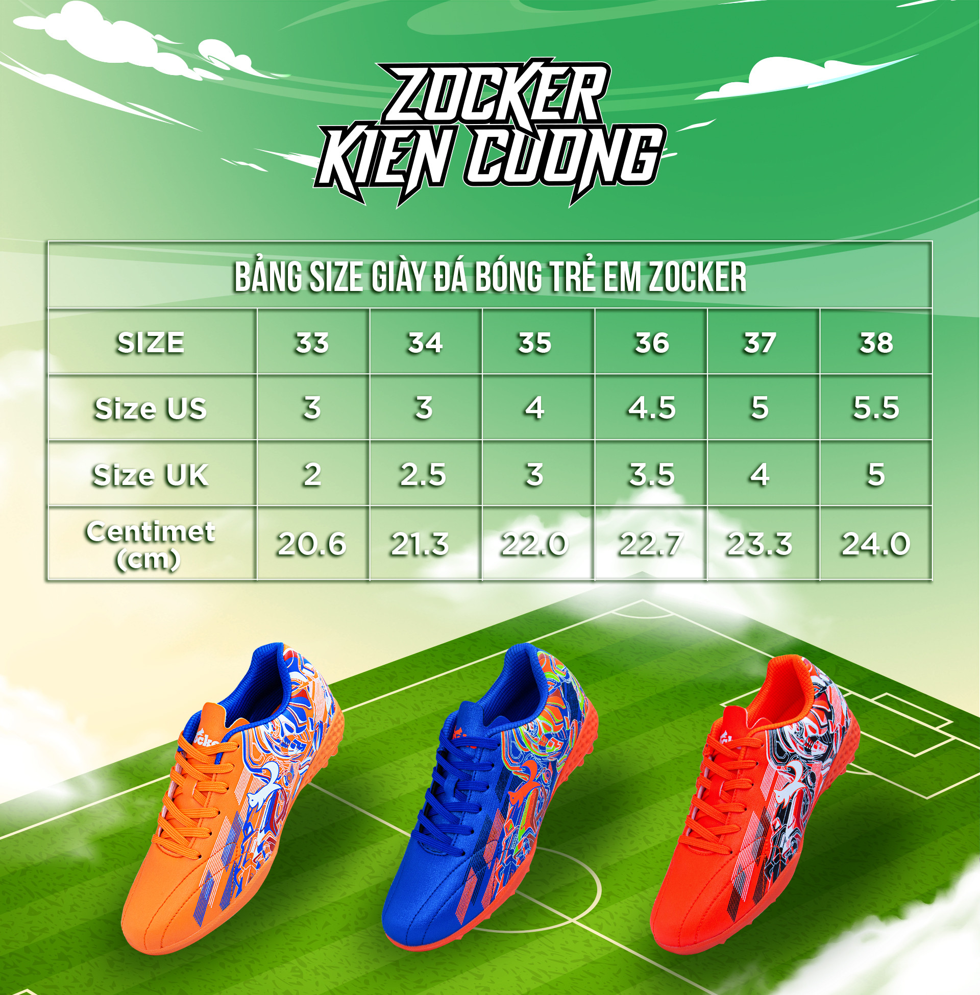 Bảng hướng dẫn chọn size giày đá bóng Zocker Kiên Cường chuẩn xác cho trẻ em 10 tuổi.