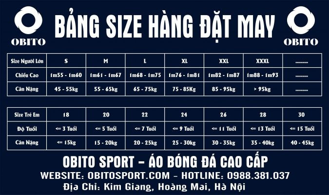 Bảng kích thước chuẩn theo form Châu Á, giúp lựa chọn size áo bóng đá độc quyền phù hợp cho mọi cầu thủ.