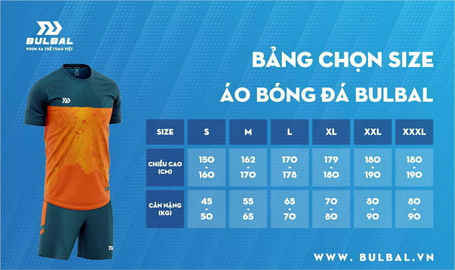 Bảng kích thước tiêu chuẩn cho áo bóng đá Bulbal, giúp người hâm mộ chọn áo bóng đá Việt Nam trắng vừa vặn nhất