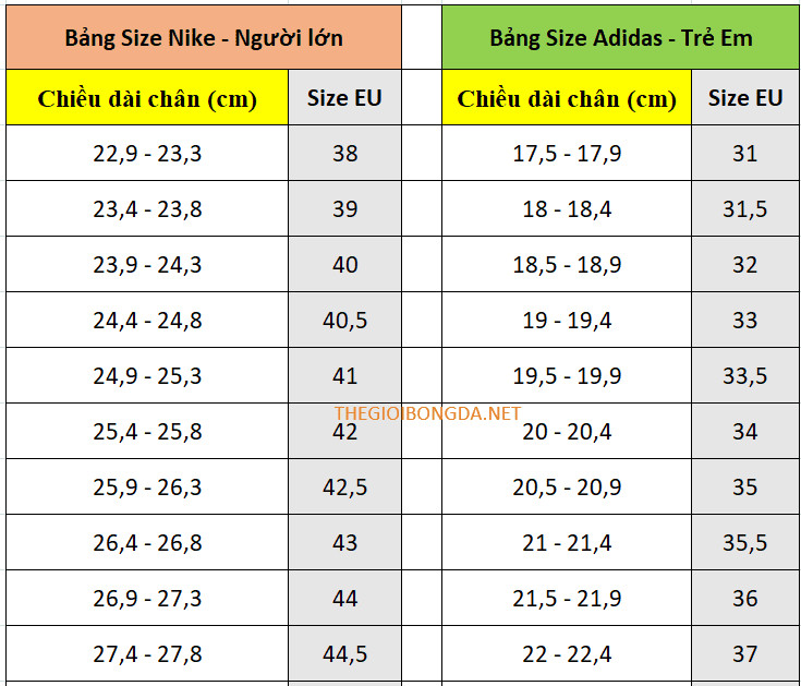 Bảng quy đổi size giày đá bóng của các thương hiệu phổ biến