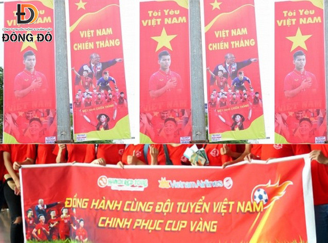 Băng rôn treo ngang và dọc cổ vũ bóng đá
