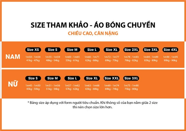 Bảng size chuẩn giúp lựa chọn quần áo bóng chuyền nữ đẹp vừa vặn
