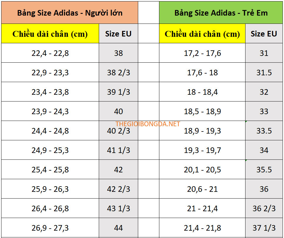 Bảng size giày bóng đá Adidas đầy đủ giúp chọn cỡ chuẩn
