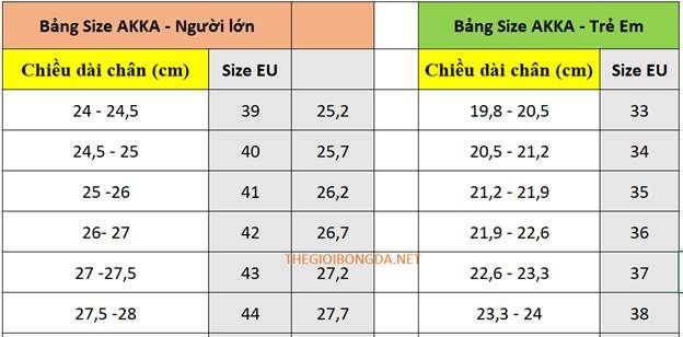 Bảng size giày bóng đá AKKA và các thương hiệu Việt Nam