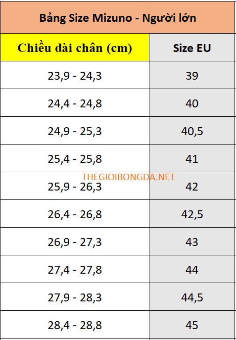 Bảng size giày bóng đá Mizuno dành cho chân bè và chân tiêu chuẩn