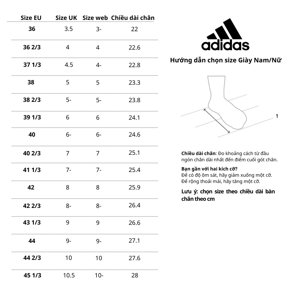 Bảng size giày dép nam nữ unisex