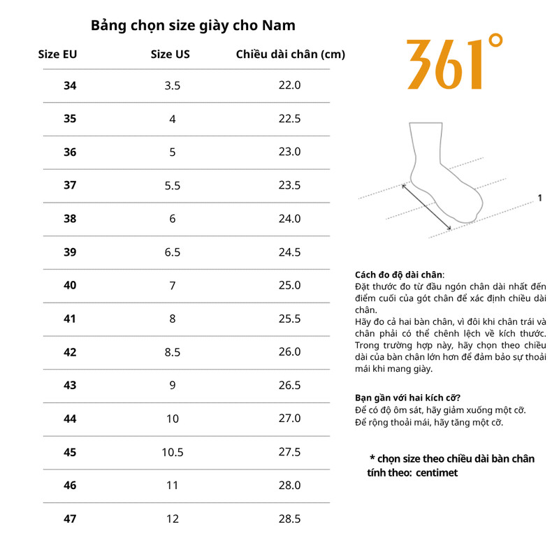 Bảng size giày dép nam