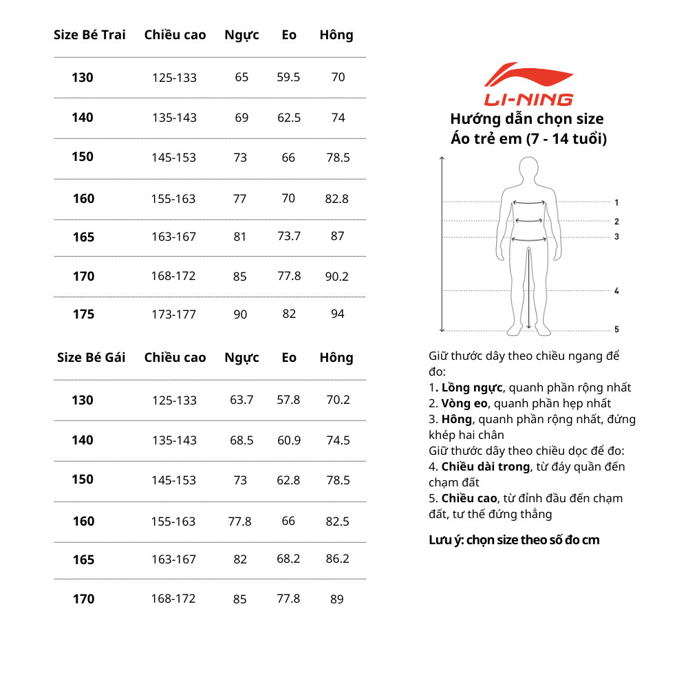 Bảng size quần áo trẻ em và thiếu niên tổng hợp
