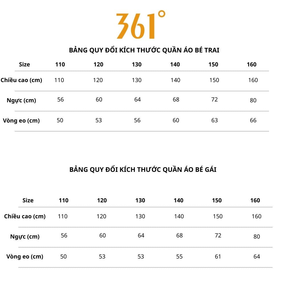Bảng size quần áo trẻ em