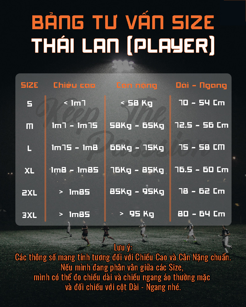 Bảng tư vấn size áo bóng đá Thái Lan Fake 1 phiên bản cầu thủ