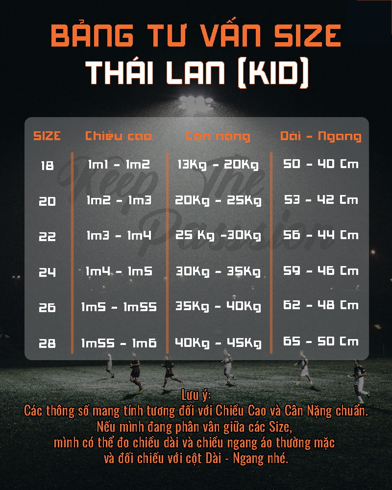 Bảng tư vấn size áo bóng đá Thái Lan Fake 1 trẻ em