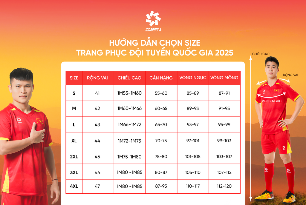 Bảng kích thước chuẩn cho áo đấu của người chơi đội tuyển bóng đá quốc gia áo