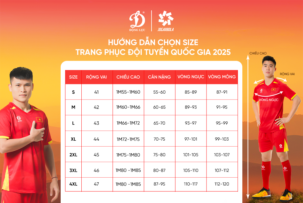 Bảng kích thước chuẩn cho áo cầu thủ đội tuyển bóng đá quốc gia, đảm bảo vừa vặn tối ưu cho hiệu suất tập luyện và thi đấu.