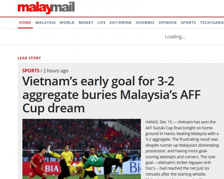 Báo Malaysia Mail cũng đăng tin về chức vô địch AFF Cup 2018 của Việt Nam