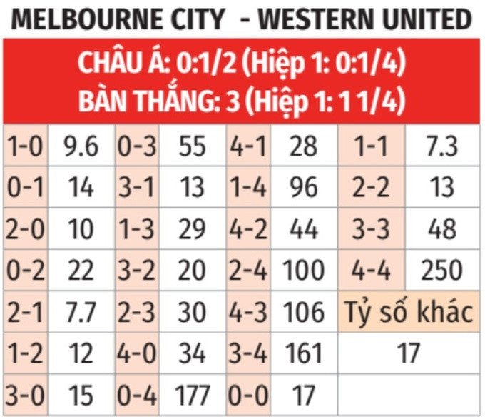 Biểu đồ dự đoán tỉ số trận đấu giữa Melbourne City và Western United từ người hâm mộ