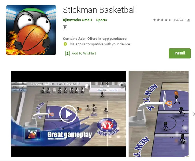 Các cầu thủ Stickman tranh bóng quyết liệt trên sân đấu trong Stickman Basketball