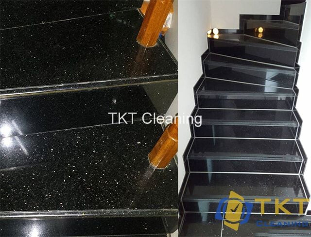 Cầu thang ốp đá hoa cương kim sa đen sang trọng