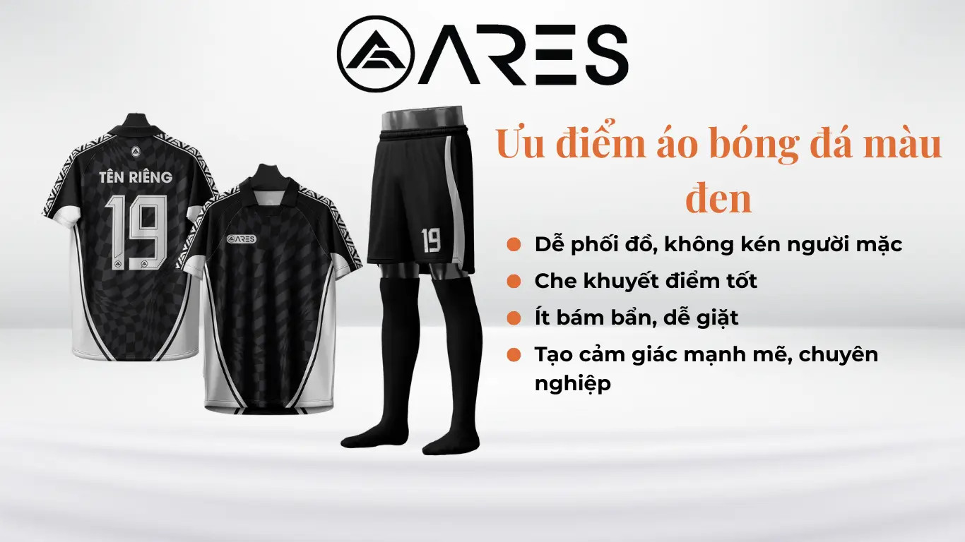 Cầu thủ trình diễn ưu điểm của áo đá bóng màu đen trên sân, thể hiện phong cách và hiệu suất
