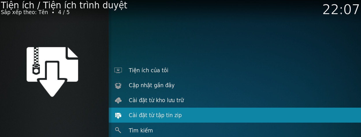 Chọn &quot;Cài đặt từ tập tin zip&quot; trong mục Tiện ích của Kodi, bước quan trọng cho hướng dẫn xem bóng đá trên Kodi