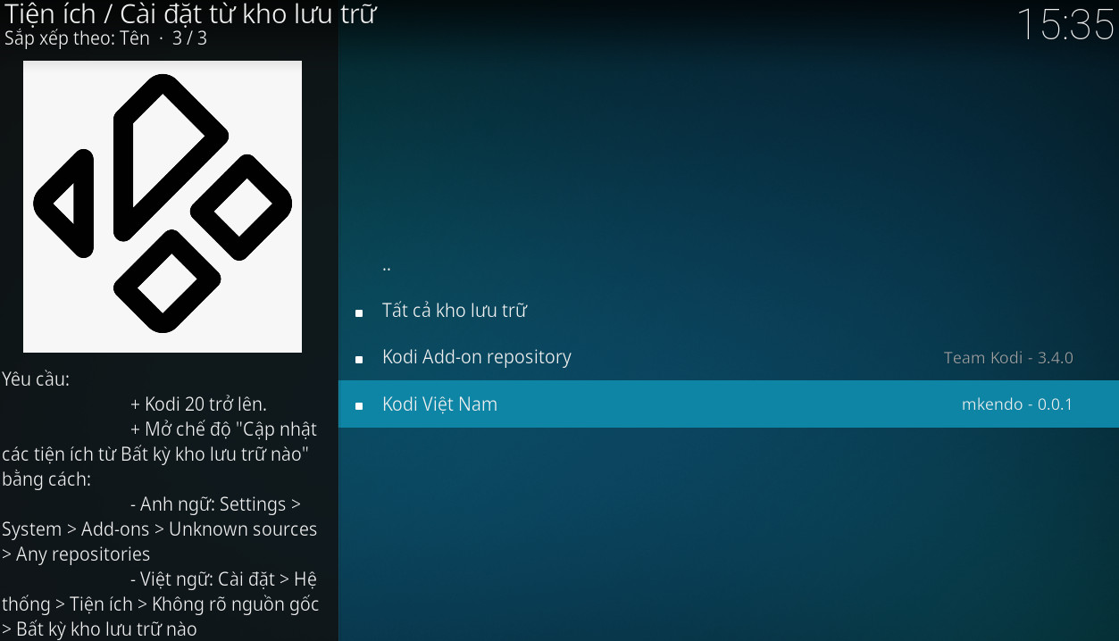 Chọn Kodi Việt Nam v0.0.1, sau đó bấm chọn “Tiện ích Video”