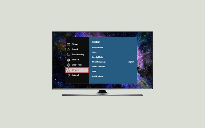 Chọn mục 'Hệ thống' trong menu tivi Samsung để tiếp tục thiết lập xem bóng đá trực tiếp