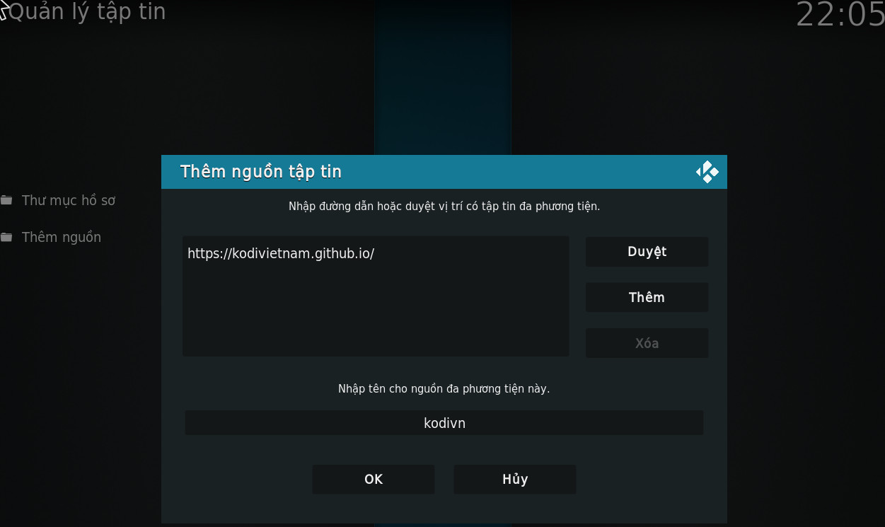Cửa sổ nhập URL nguồn trong Kodi, để tải các repository cần thiết cho hướng dẫn xem bóng đá trên Kodi