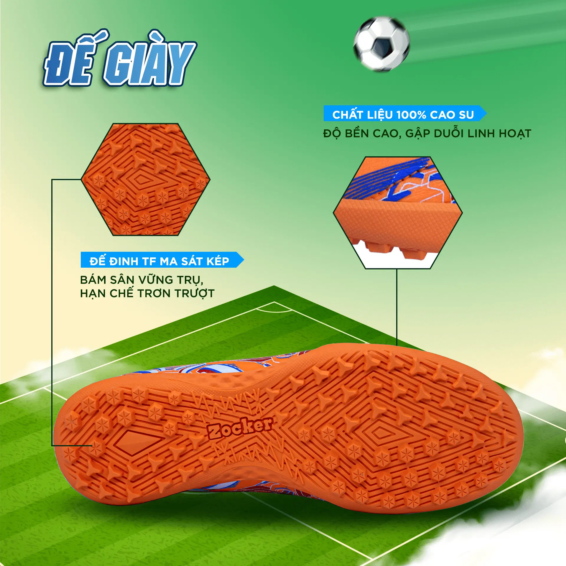 Đế giày bóng đá size nhỏ Zocker Kiên Cường ma sát kép
