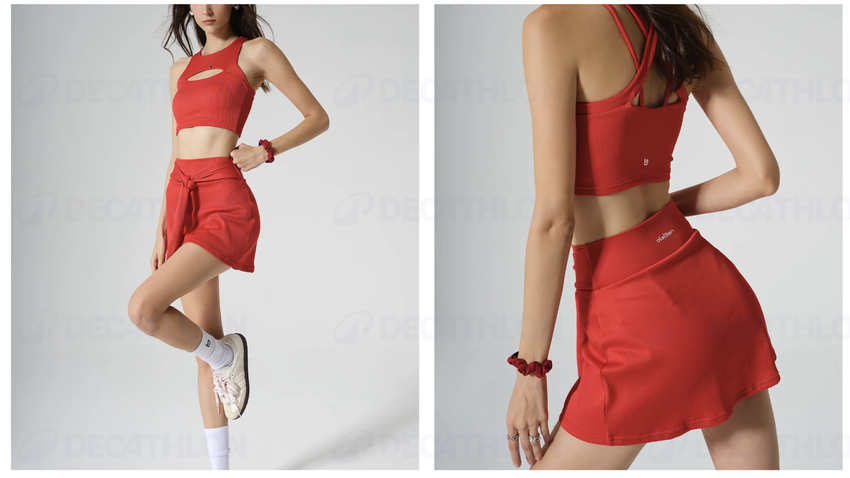 Demi Bra phối chân váy đỏ cá tính chính hãng Olaben, set đồ pickleball nữ Olaben