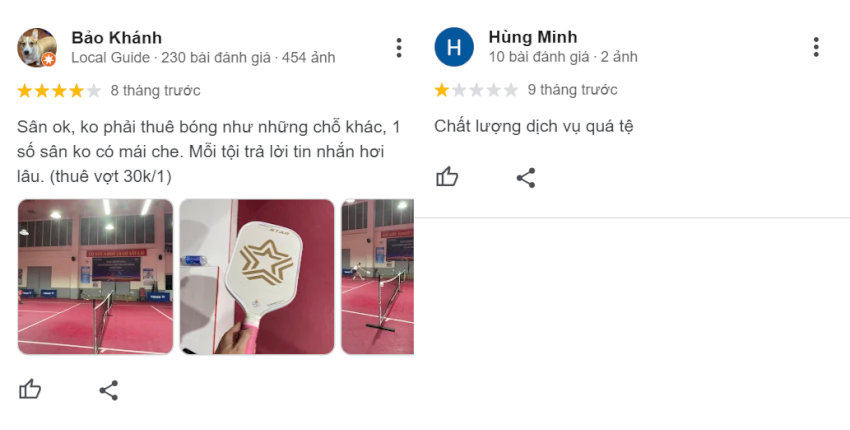 Phản hồi về dịch vụ tiện ích tại Sân Pickleball Mỹ Đình