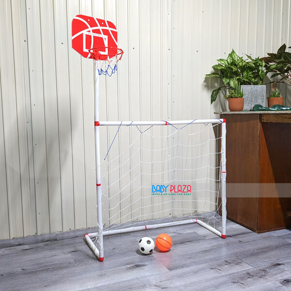 Đồ chơi vận động đa năng UL222546 gồm khung thành bóng rổ nhỏ gọn và khung thành đá bóng, khuyến khích trẻ hoạt động thể chất.