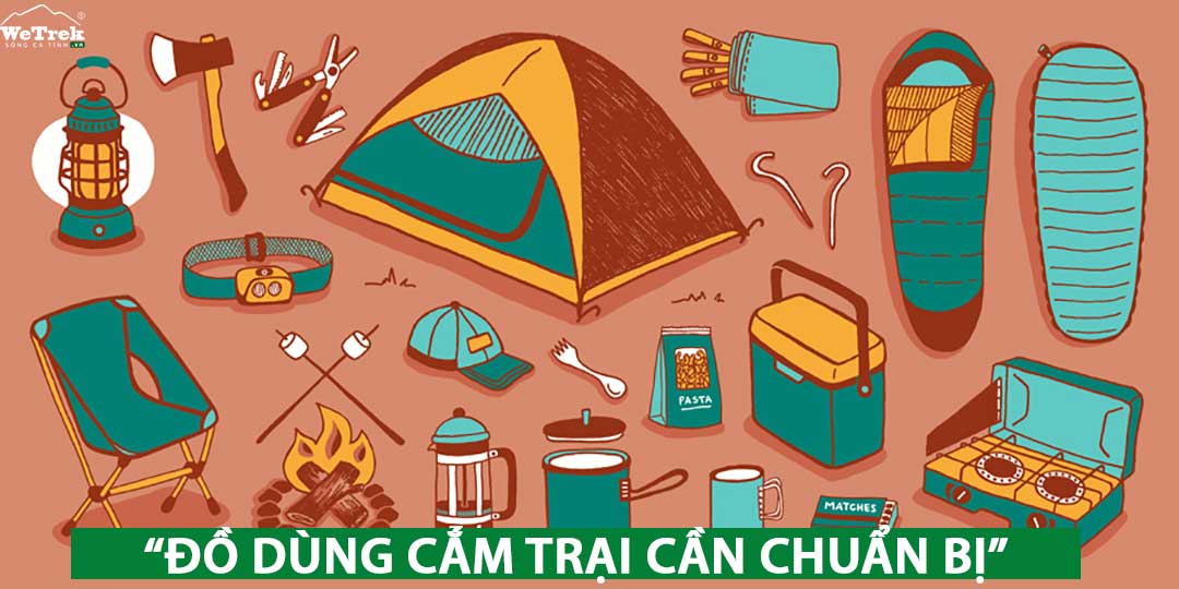 Đồ dùng cần thiết khi đi cắm trại bao gồm túi ngủ, đệm và đèn chiếu sáng.