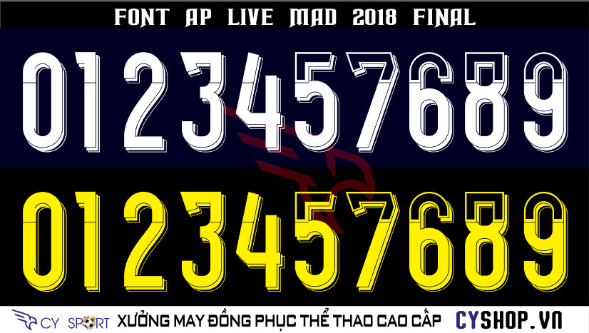 Font số áo bóng đá AP Live Mad 2018 Final, thiết kế mới nhất mang phong cách Thái Lan