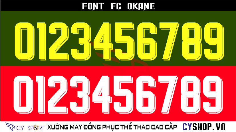 Font số áo bóng đá FC Okane, kiểu chữ mạnh mẽ và rõ ràng, phù hợp cho thể thao