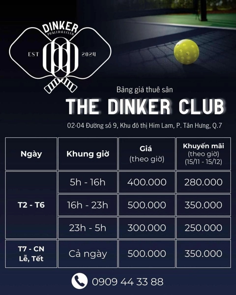 Bảng giá thuê sân và dịch vụ tại Dinker Pickleball Club cập nhật mới nhất