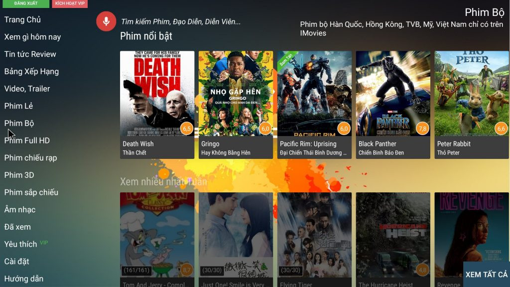 Giao diện Boba TV với nhiều lựa chọn phim ảnh giải trí