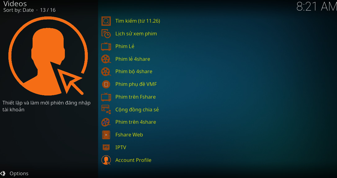Giao diện cài đặt add-on VietmediaF, minh họa cách cấu hình tài khoản hoặc tùy chọn phát sóng cho add-on bóng đá