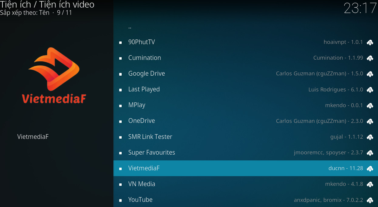 Giao diện chọn VietmediaF trong Kodi, minh họa cách chọn một add-on bóng đá tương tự