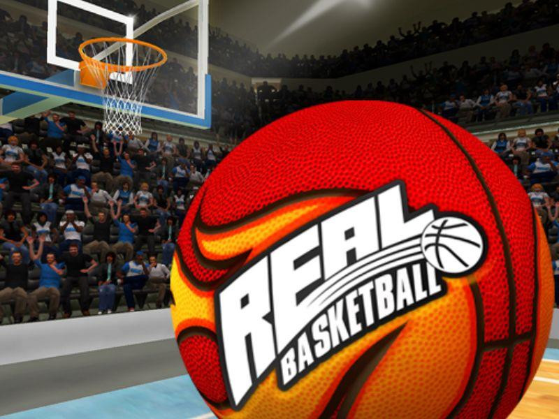 Giao diện ném bóng rổ trong game Real Basketball với bảng điểm và vòng rổ