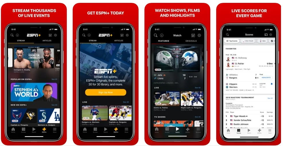Giao diện ứng dụng ESPN trên iPhone hiển thị trận đấu bóng đá