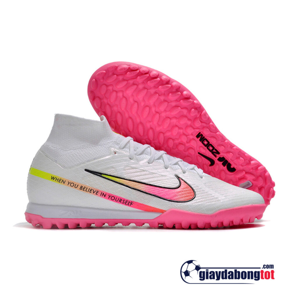 Giày bóng đá Nike cao cổ Mercurial Superfly 9 Elite TF trắng vạch hồng, phù hợp cho sân cỏ nhân tạo với khả năng bứt tốc.