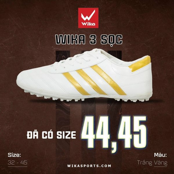 Giày đá bóng 3 sọc Wika CT3 màu trắng vàng, đế TF sân cỏ nhân tạo