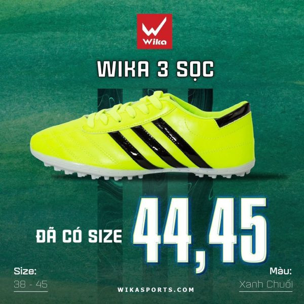 Giày đá bóng 3 sọc Wika CT3 màu xanh chuối nổi bật, form ôm chân linh hoạt