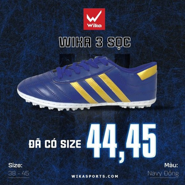 Giày đá bóng 3 sọc Wika CT3 màu xanh navy đồng, thiết kế cổ thấp ôm chân