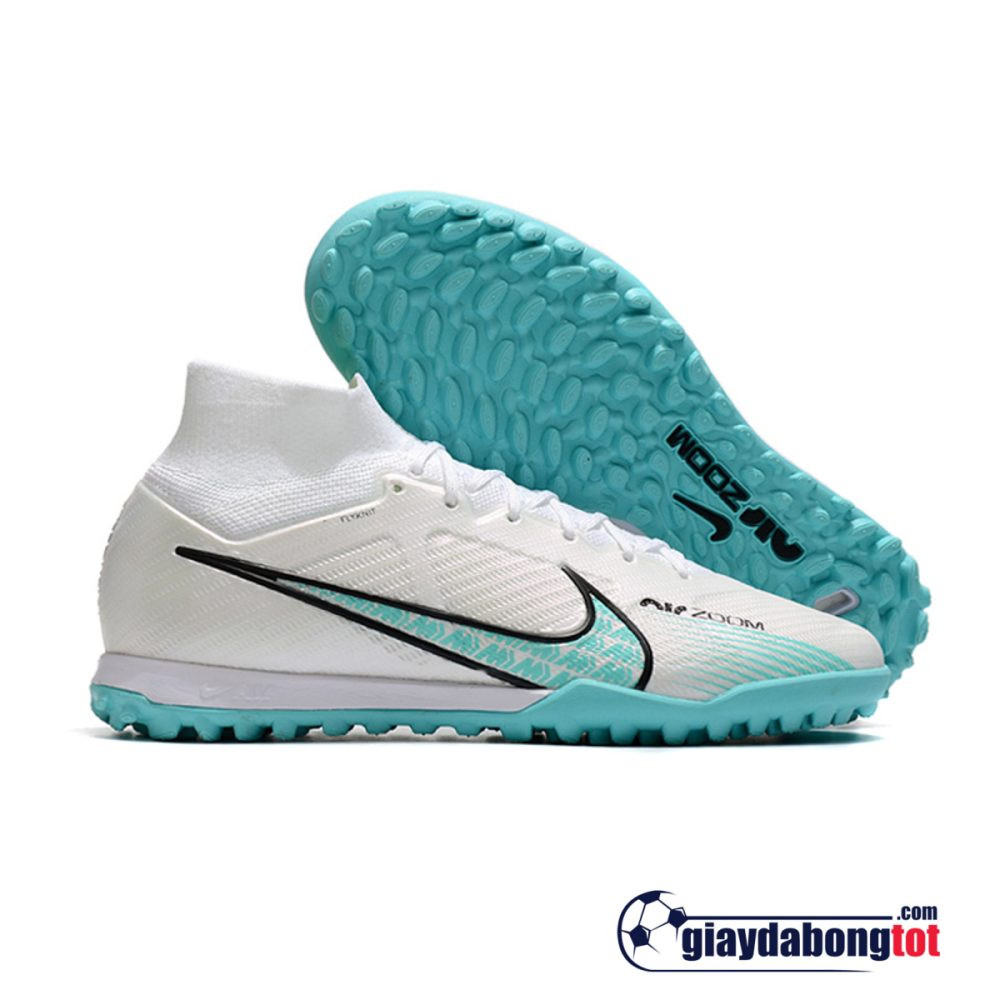 Giày đá bóng Nike Air Zoom Mercurial Superfly 9 Elite TF trắng vạch xanh nhạt, đại diện cho thiết kế hiện đại của giày đá bóng nike cao cổ