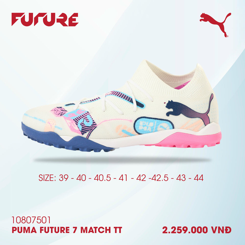Giày đá bóng Puma Future 7 Match TT trắng xanh hồng, phiên bản sân cỏ nhân tạo thế hệ mới