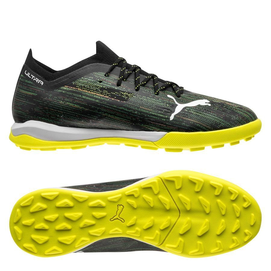 Giày đá bóng Puma Ultra 1.2 Pro Cage TT Game On đen vàng, thiết kế nổi bật cho sân nhỏ